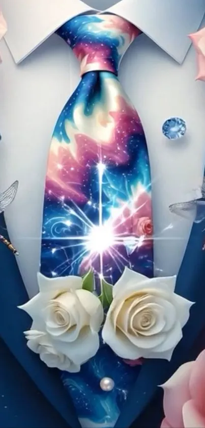Elegant cosmic-themed tie with roses and dragonflies.