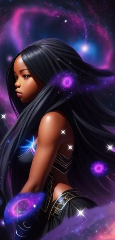 Elegant woman in cosmic galaxy with vibrant purple hues.