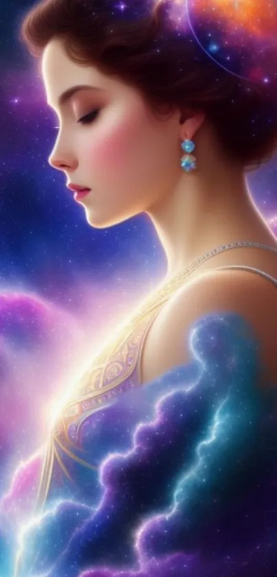 Artistic cosmic scene with elegant woman in galaxy.