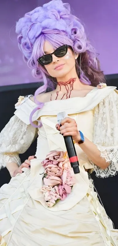 Elegant woman with purple hair and vintage dress holding a microphone.