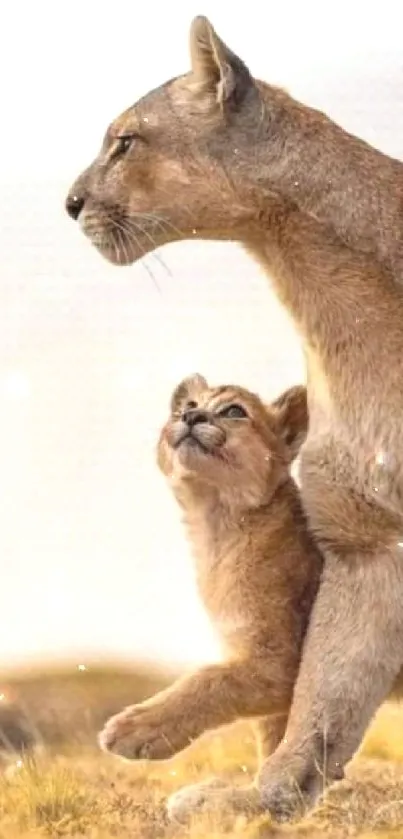 Cougar with cub in a serene landscape mobile wallpaper.