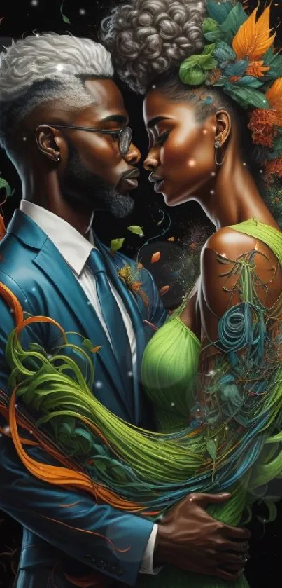 Elegant couple in vibrant colors, digital art wallpaper.