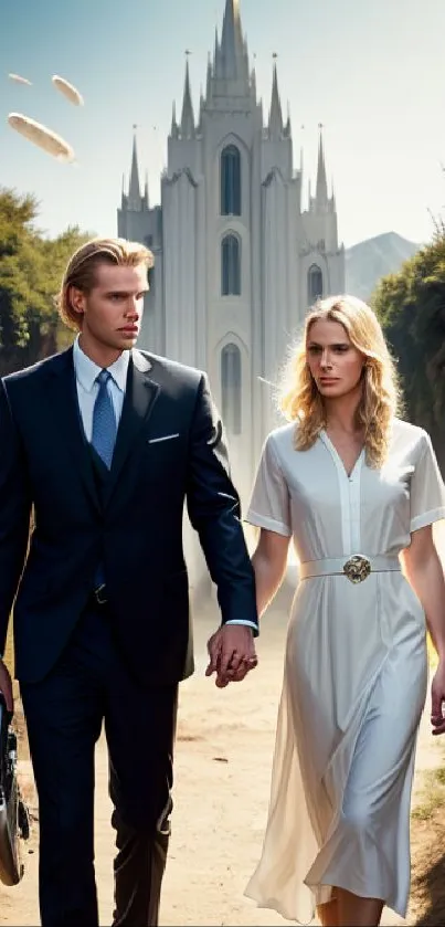 Elegant couple walking towards a gothic church, showcasing fashion and romance.