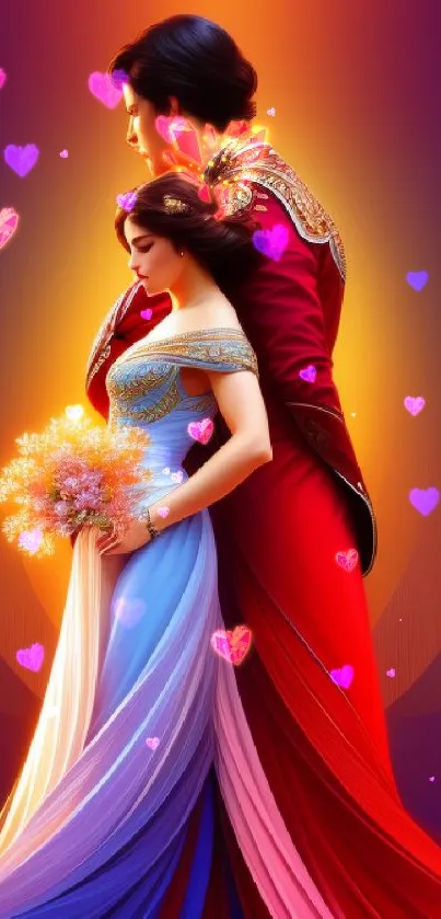 Fantasy couple in elegant attire with vibrant colors, mystical background.