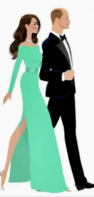 Elegant couple illustration on mobile wallpaper in mint green and black.