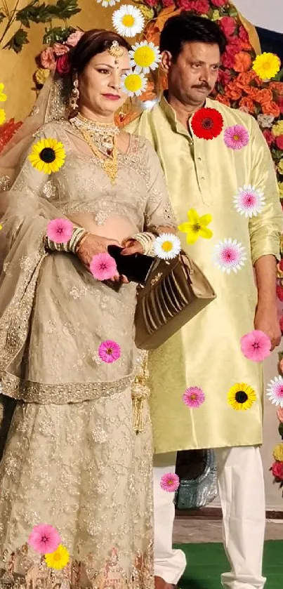 Elegant couple in traditional attire with a floral background.