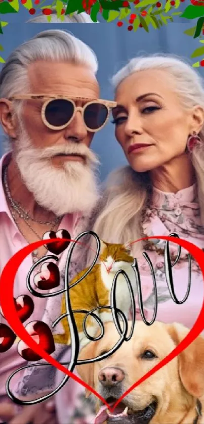 Elegant couple with love theme, dog, and floral accents on wallpaper.