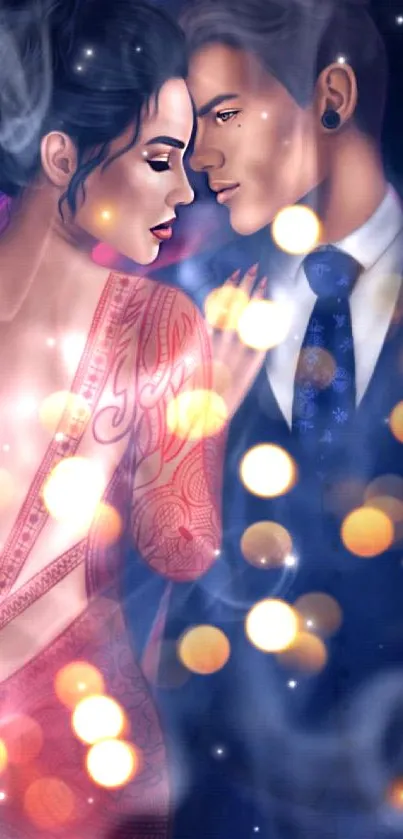 Elegant couple with bokeh lights background