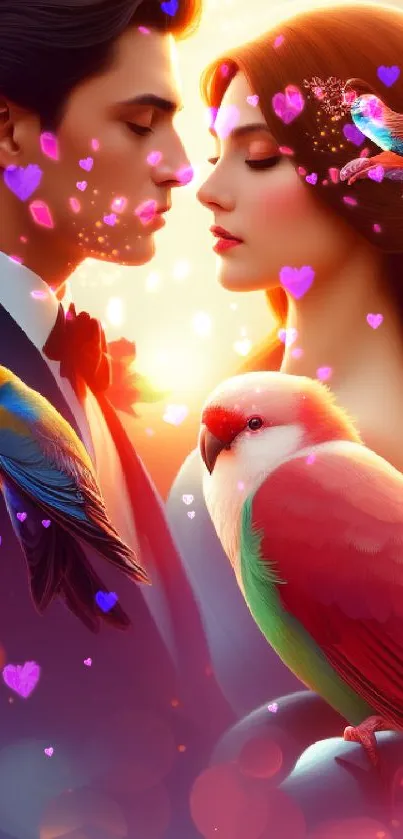 Elegant couple surrounded by vibrant parrots in pink and orange hues.