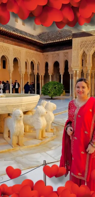 Woman in red dress in elegant courtyard