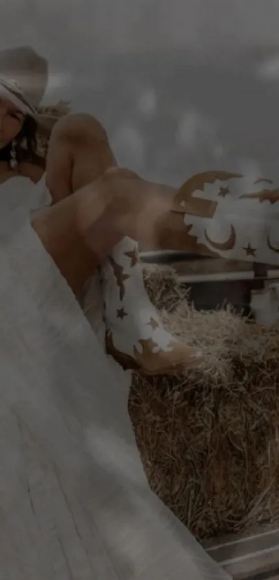 Elegant cowboy in white with star boots lounging on hay.