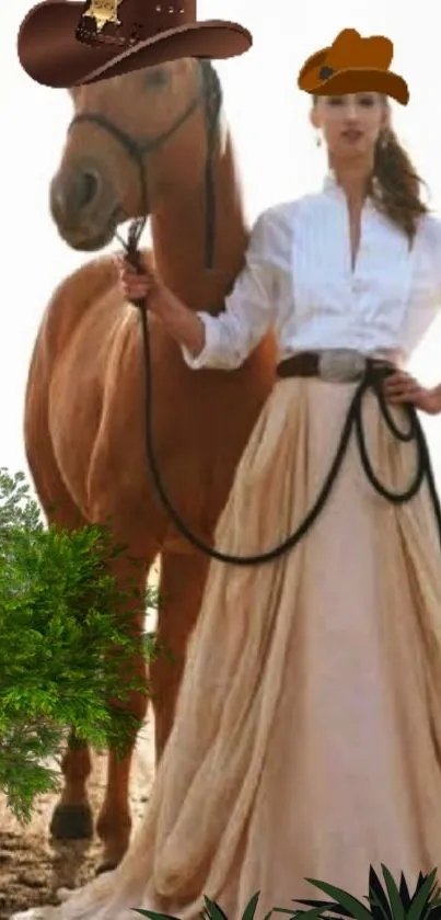 Cowgirl in a flowing dress beside a horse with a nature backdrop.