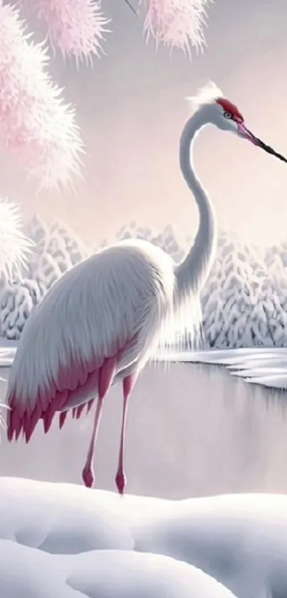 A graceful crane stands in a snowy winter scene by a serene lake.