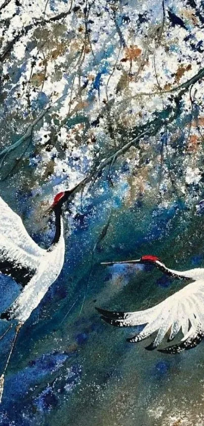 Elegant cranes flying in an artistic nature setting with blue and white tones.