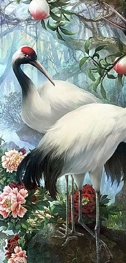 Elegant cranes among flowers in a serene nature setting, ideal for phones.