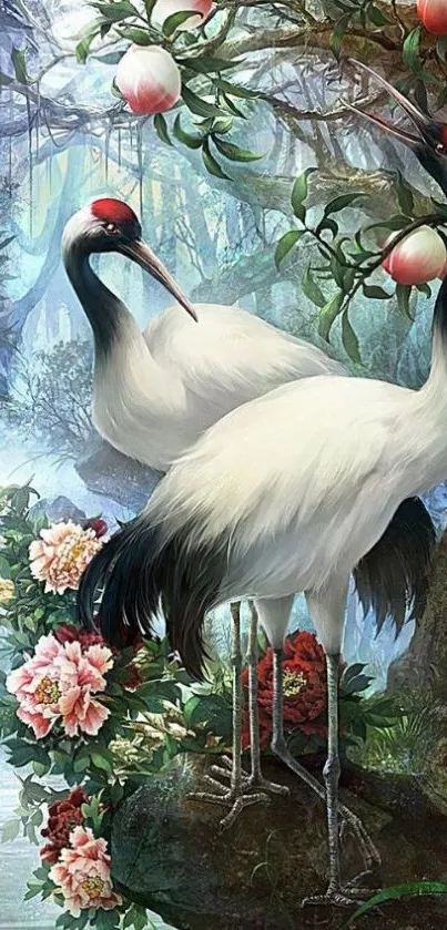 Elegant cranes with floral and nature backdrop wallpaper.