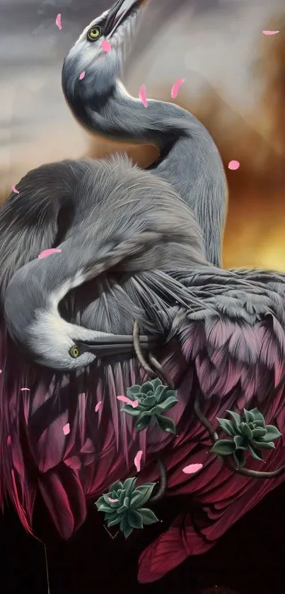 Elegant crane with pink petals and gray feathers in a serene artistic display.