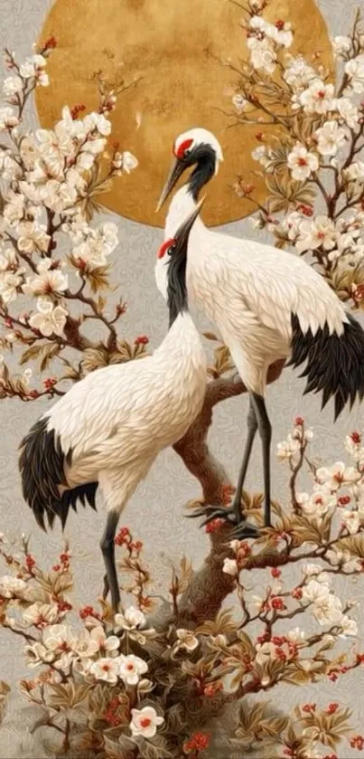 Cranes on a cherry blossom branch with a golden background.