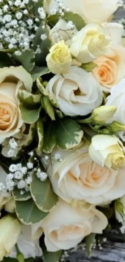 Elegant bouquet of cream roses with lush greenery.