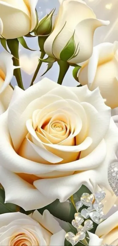 Elegant cream roses with heart accents wallpaper.