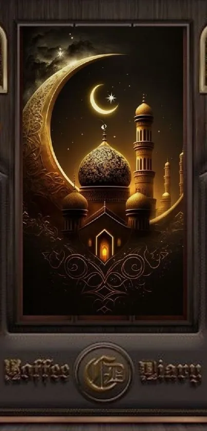 Golden crescent moon and mosque in artistic design wallpaper.