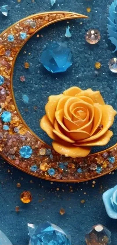 Golden crescent and amber rose with gems on blue background.