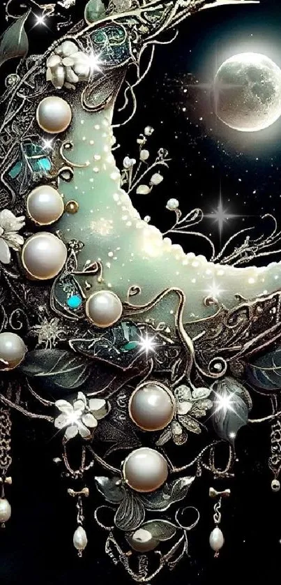 Elegant crescent moon and floral design with jewels and teal tones.