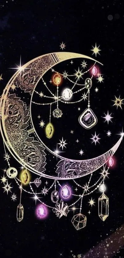 Intricate crescent moon with jewels on a dark starry background.