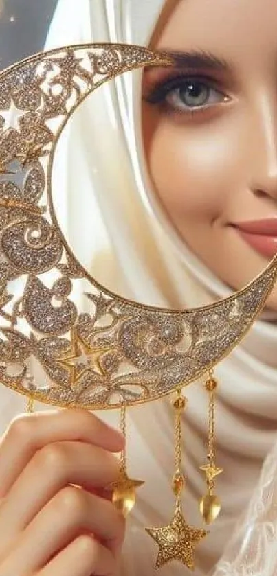 Elegant woman with a crescent moon and golden stars.