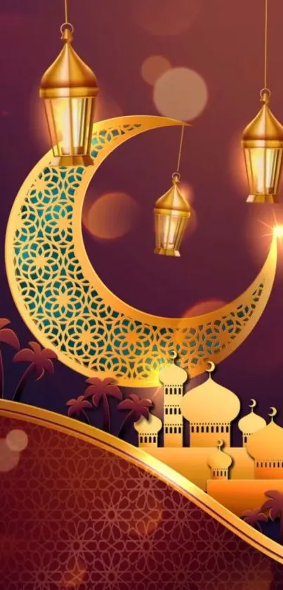 Crescent moon and lanterns mobile wallpaper with golden hues and Islamic patterns.