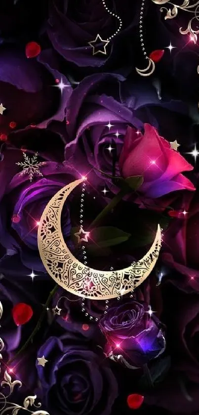 Elegant wallpaper with crescent moon and purple roses.