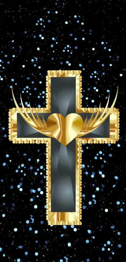 Mobile wallpaper featuring a golden cross with a heart on a starry black background.