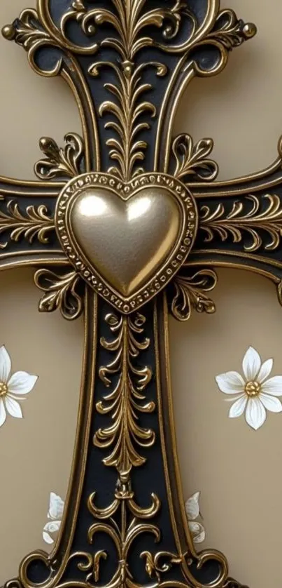 Ornate cross with floral accents on wallpaper.