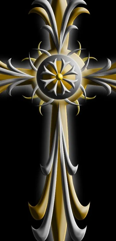 Elegant gold and silver cross design on black.