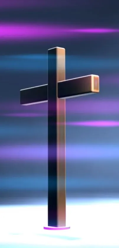 Mobile wallpaper with a metallic cross on a purple and blue gradient background.