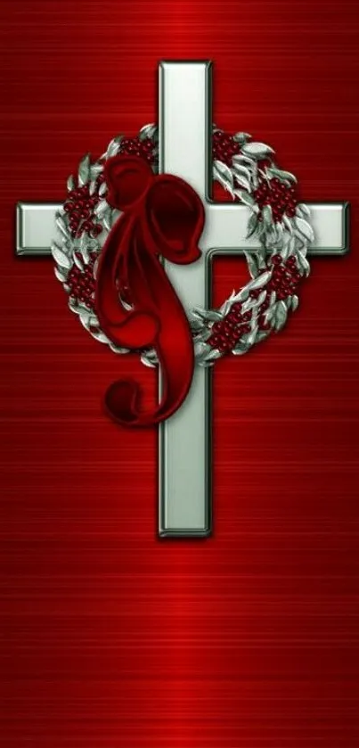 Metallic cross with floral wreath on red background.