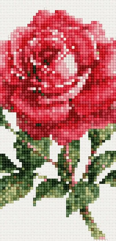 Intricate cross-stitch rose with leaves on mobile wallpaper.