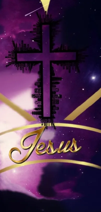 Purple wallpaper with cross, cityscape and 'Jesus' text in gold.