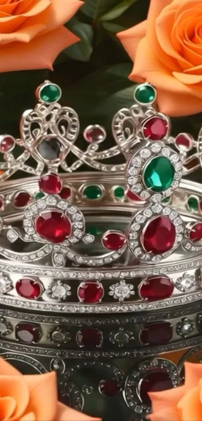 Jeweled crown surrounded by vibrant orange roses.