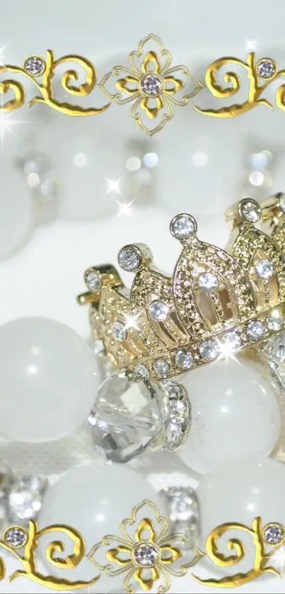 Elegant bracelet with gold crown and white beads on fabric background.