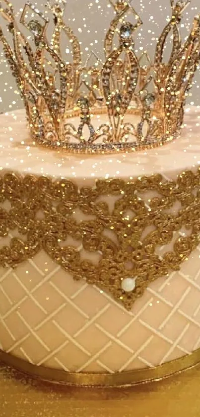 Elegant cake with decorative gold crown on top.