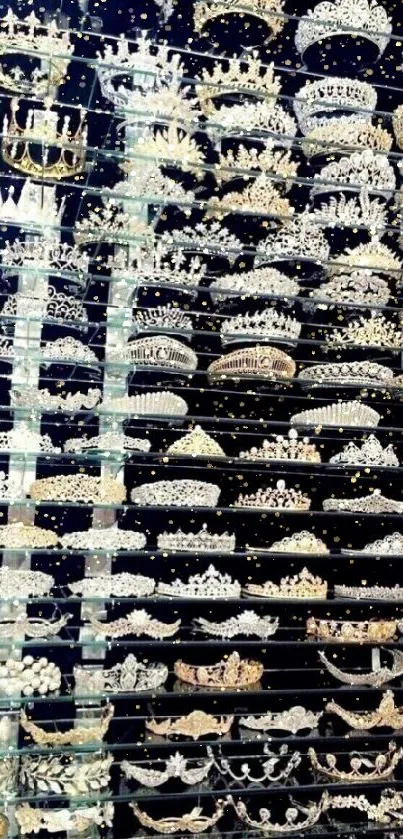 Mobile wallpaper featuring an elegant collection of crowns in a display case.