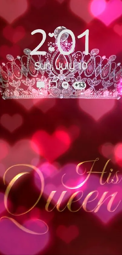 Crown and hearts mobile wallpaper with 'His Queen' text.