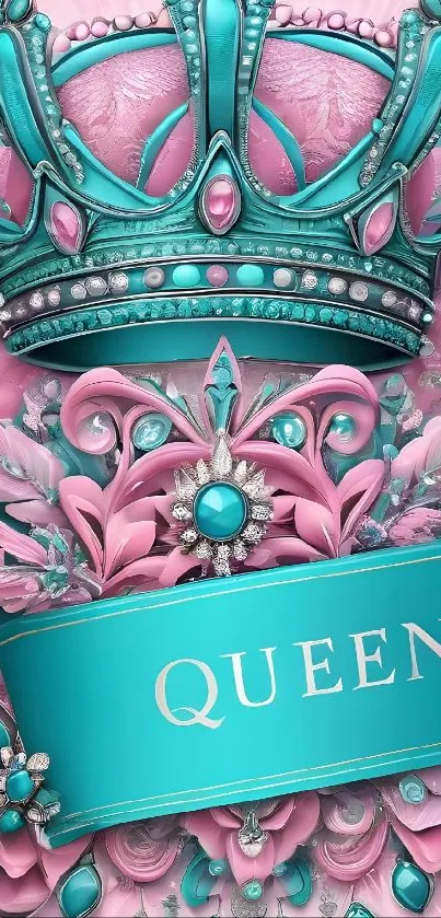 Elegant mobile wallpaper with a pink and turquoise crown design.