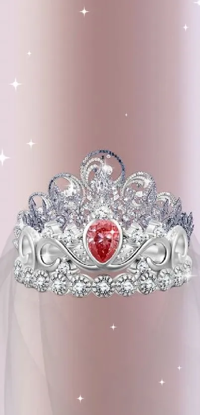 Elegant silver crown with pink jewel on light background.