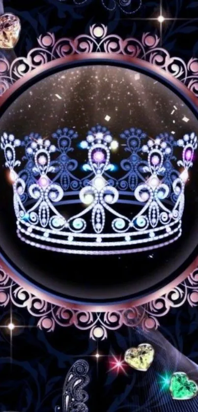 Elegant crown with gems and dark purple background.