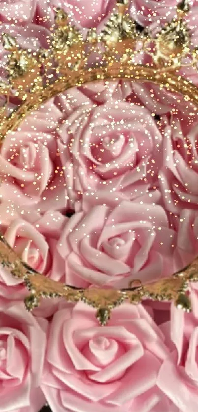 Gold crown resting on pink roses, elegant wallpaper.