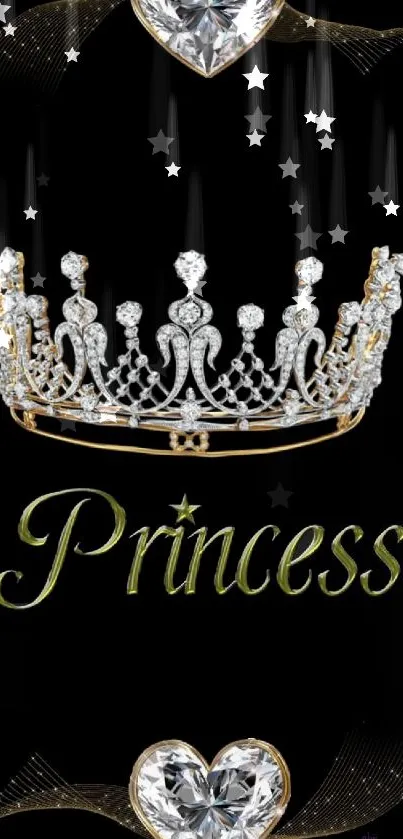 Elegant princess crown and diamond heart on black background.