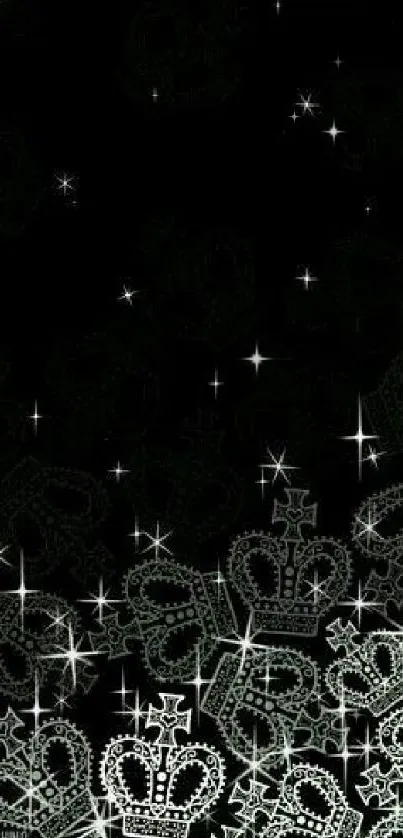 Mobile wallpaper with sparkling crowns on black.