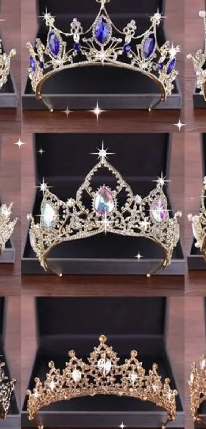 Elegant gold and purple crown collection on display.